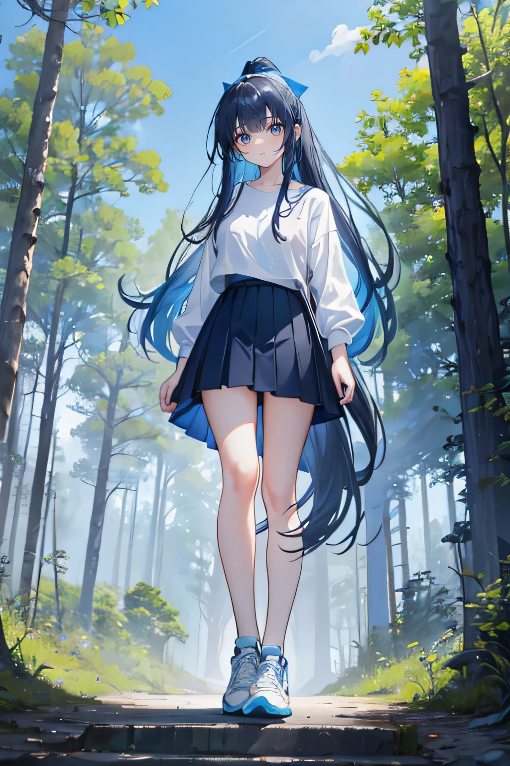 dark blue hair，long hair，Bangs，high ponytail，Bangs neatly，gray eyes，blue、Hair rope，girl，cute，，white shirt，skirt，cloak，Wearing sneakers，Stand up exercise，whole body，Don't show your arms，The background is a forest ，Tall trees，Blue sky and white clouds
