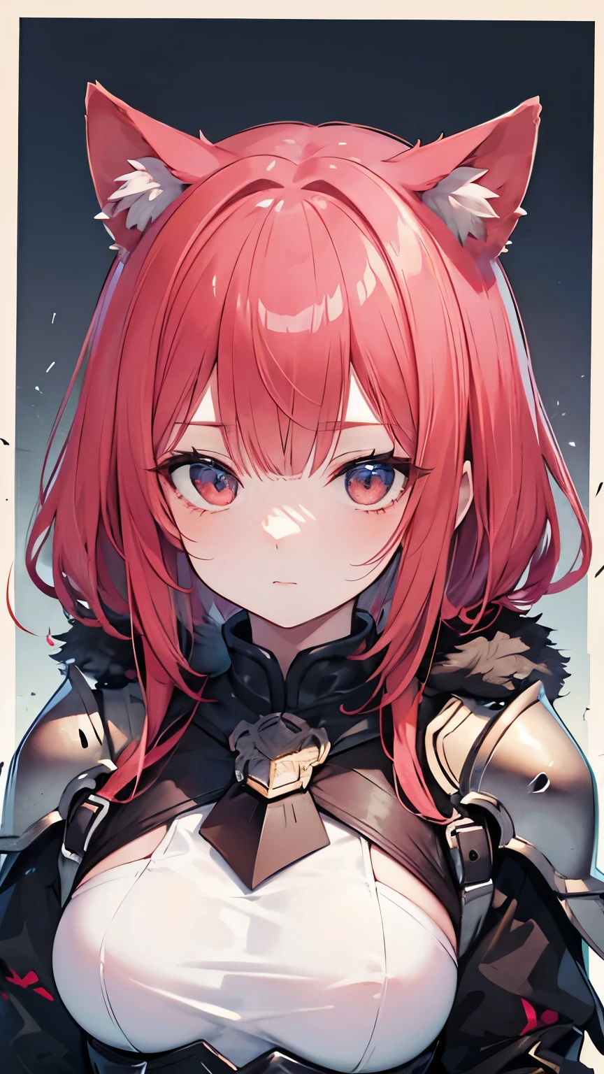 ((best quality)), ((masterpiece)), (detailed), perfect face, Top-down composition showing the upper body, knight girl wearing metal armor, raccoon ears, red hair