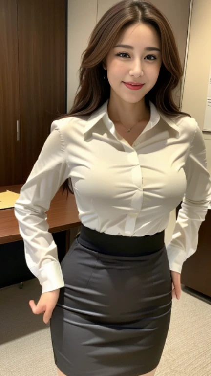 ((highest quality, 8K, masterpiece, portrait: 1.3)), (looking at the viewer), (full shot:0.85), attractive business mature woman, 1 person, a little chubby:0.４,brown medium hair、 white collared shirt, gray tight skirt,((Very big breasts 2.5)) (big pelvis:0.9), ((Are standing)), happy smile、,good posture、In a well-lit office、

