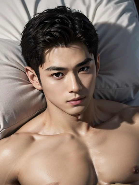 Angle from above、white bed、sleep naked、naked man、 whole body、realistic asian handsome face, natural muscles, beardless face, masterpiece, A high resolution, hyperrealism, detailed face, solo, a men, glowing skin, (Asian), (young, teenager ,  ), Handsome, detailed background, Handsome