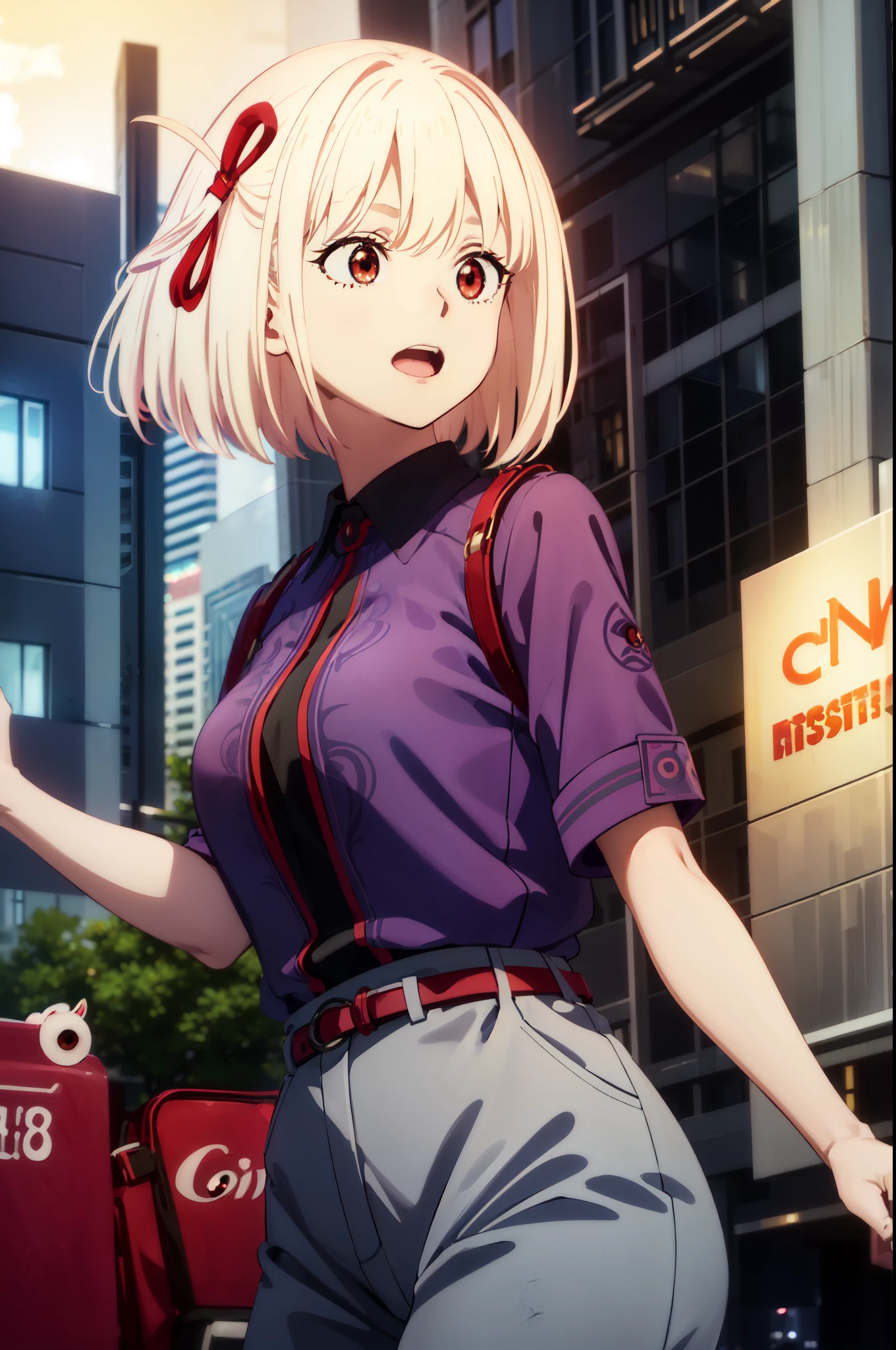 ((chisatonishikigi, short hair, bangs, blonde hair, (red eyes:1.5), hair ribbon, one side up, bob cut, closer look, poitrait)),((big breasts, red dress, purple shirt)),((smilling face, open mouth, teeth, small eyes)),(((masterpiece:1.2), best quality, high resolution, unity 8k wallpaper, (illustration:0.8), (beautiful detailed eyes:1.6), extremely detailed face, perfect lighting, extremely detailed CG, (perfect hands, perfect anatomy))),((outdoors, city, buildings, trees)),((dynamic pose, standing))