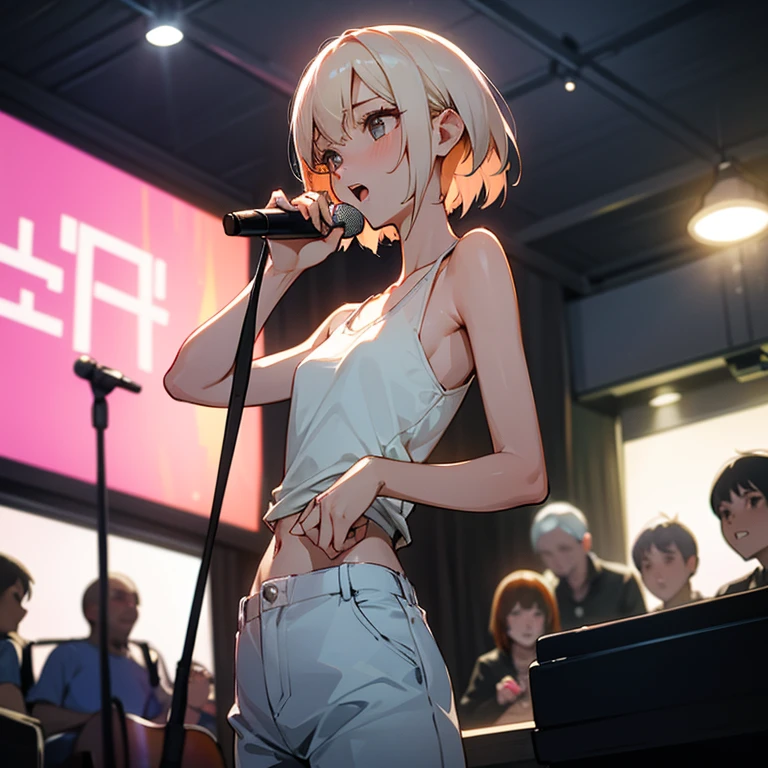 beautiful girl、Lively look、Slender and delicate、small breasts、cool girl、live house、Live Scene、Rock band vocalist、high layer cut、short bob、Cream-colored hair with a slight pink tint、It's a bellybutton、Tank top、cropped top、