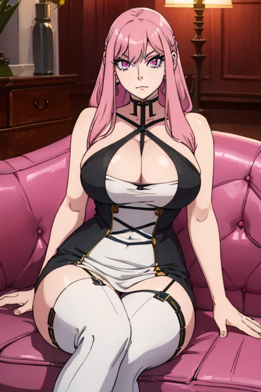 A pink haired woman with violet eyes with an hourglass figure in a yor cosplay is posing on a couch
