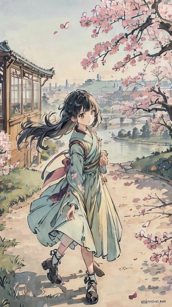 highest quality, masterpiece, very detailed, detailed background, anime, girl1名, 若いgirl, girl, SF, cherry blossoms, outdoor, morning, greenhouse, giant structure, Wind景, scenery, horizon, Walking down the street, Wind, avert your eyes, atmosphere lighting, focus only, close, From the side, written boundary depth,black hair,cute,beautiful,Vibrant colors