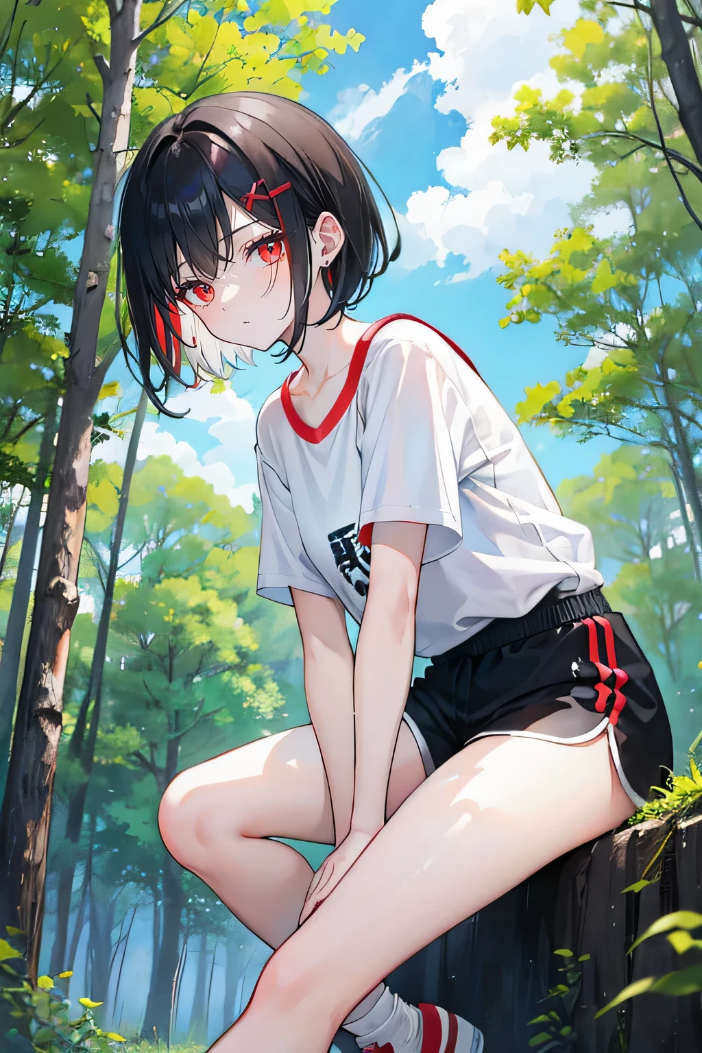 black hair,red eyes,,short hair,sister head,earring ,Two white hairpins,short sleeve shorts,Wearing sneakers,Don't show your arms,The background is a forest ,Tall trees,Blue sky and white clouds