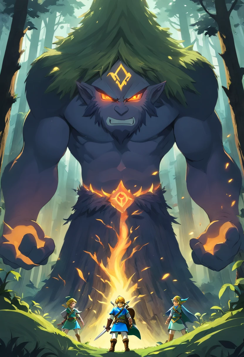 Illustration of giants ominously rising from dark forests and mountains, with Markalen at the forefront, demonstrating his power and control over them. Peaceful kingdom residents are depicted in panic and horror.