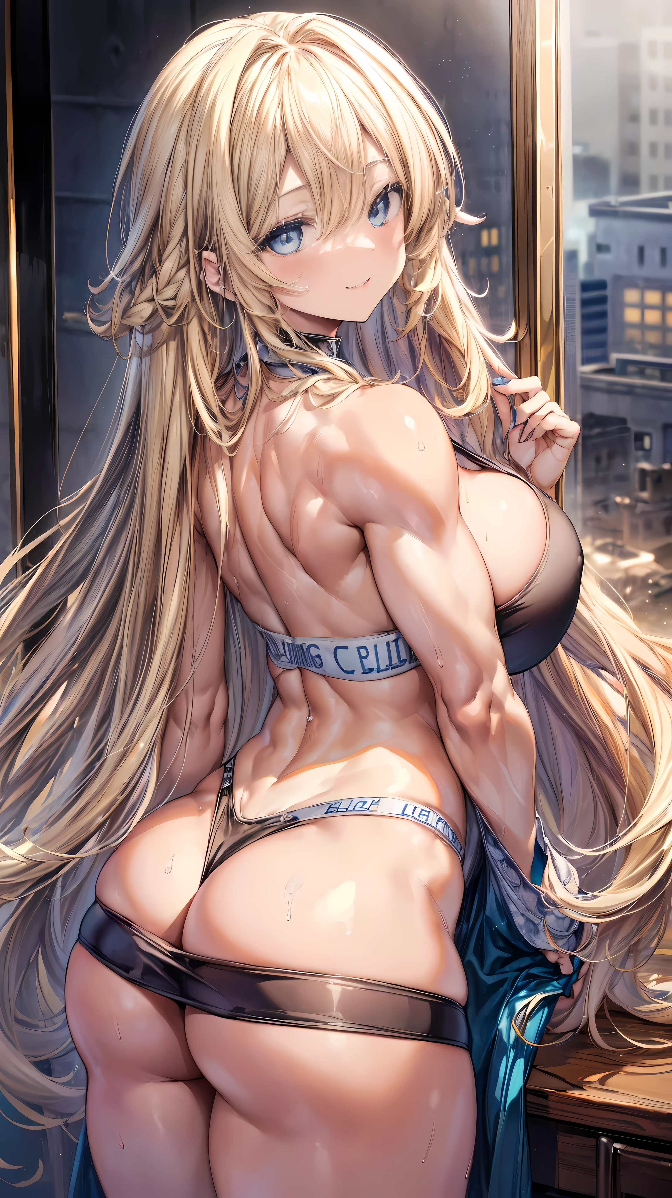 sensual, ((long blonde curly hair)), thick thighs, 8k, 4k, highest quality, High resolution:1.2), cute anime face, noise reduction, ((shining blue eyes, gentle smile, kind eyes))、toned abdominal muscles, muscular arms, muscular legs, young face, anime eyes, (((big breasts、A chest that is about to burst)))、(((bondage style)))、(((Rear view、I'll turn around、emphasize the buttocks、T-back that digs into your butt)))、(((white string)))