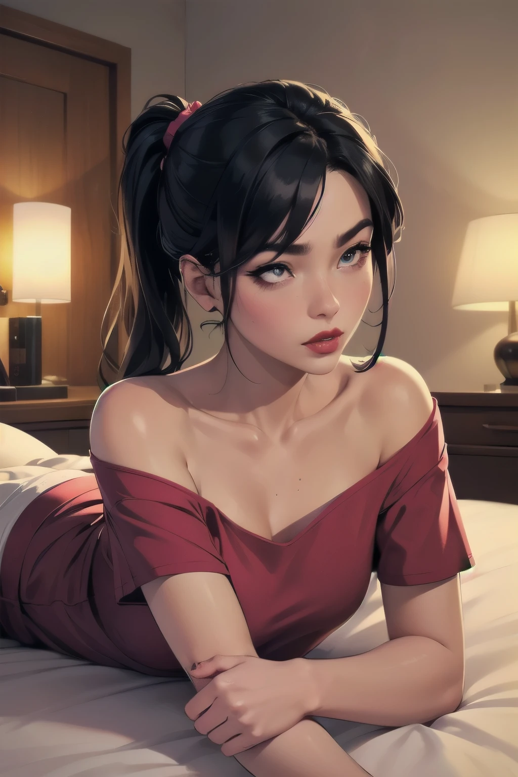 Close up shot, cute , black hair in two medium ponytails, sexy eyes, intense eye contact, small nose, red lips, orgasmic face, neck, collarbone, loose dark pink t shirt, bare shoulder, lying in bed, bed, bedroom, dark room, one lamp,, in bed