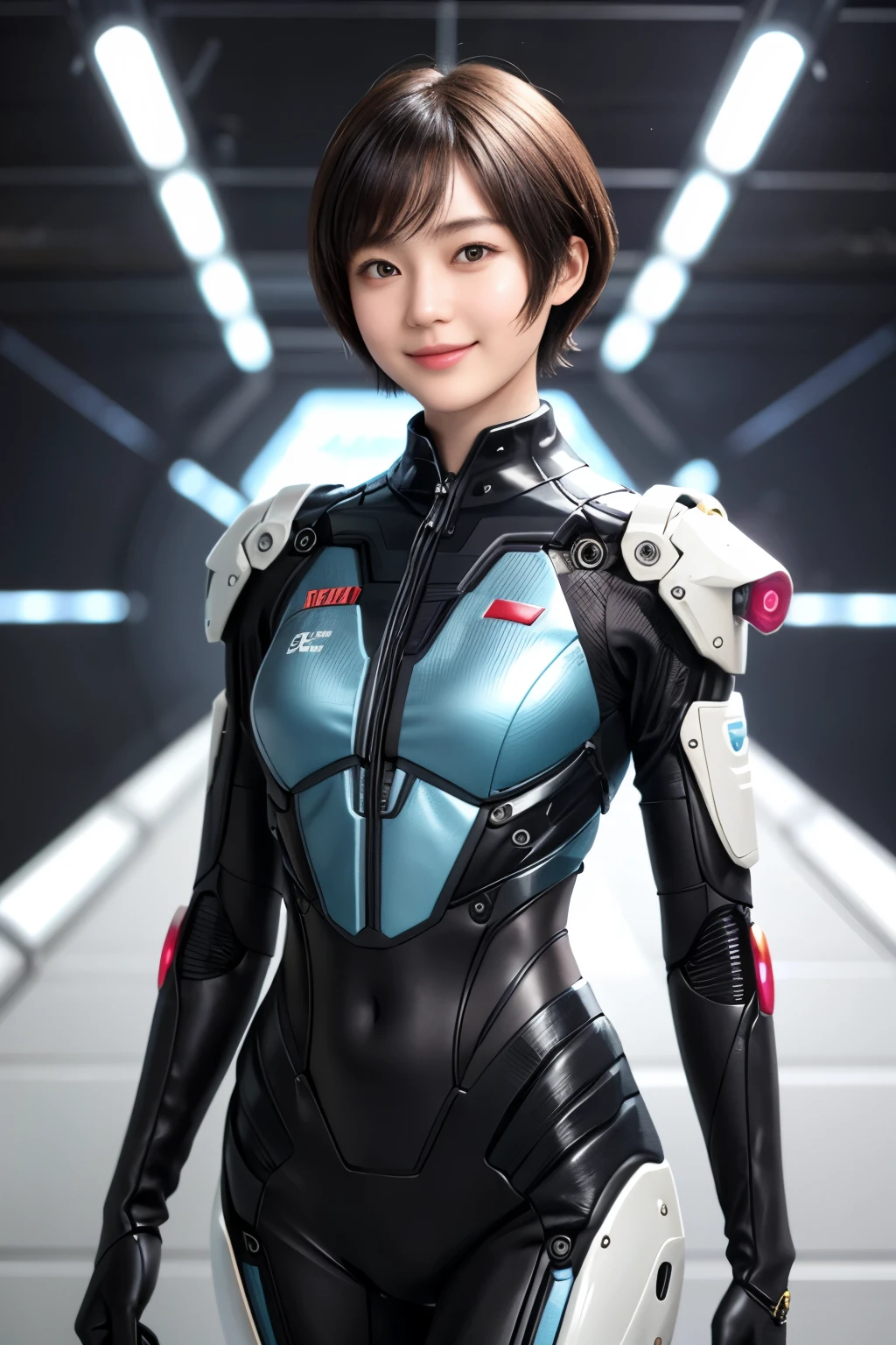 207 Short Hair, 20 year old female, Floral, gentle smile, futuristic clothes, mechanical suit