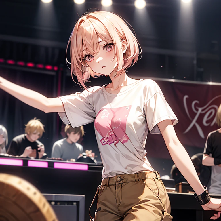 beautiful girl、Lively look、sharp eyes、Slender and delicate、small breasts、cool girl、live house、Live Scene、Rock band vocalist、High Layered Bob、Cream-colored hair with a slight pink tint、High-necked innerwear、T-shirt、oversized shirt、Dabo Dabo Cargo Pants
