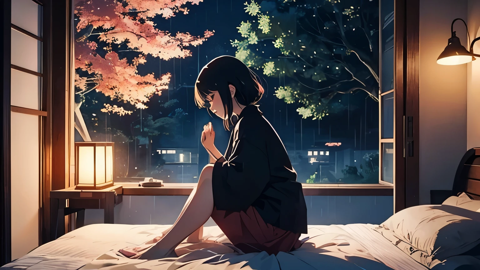 Landscape format, city pop style, anime style, rainy night, beautiful Japanese woman meditating, silhouette, profile, , night, very dark, rain, dark trees in the background, highly detailed hands, face and hair, urban A fantastic view from the apartment, lying in bed