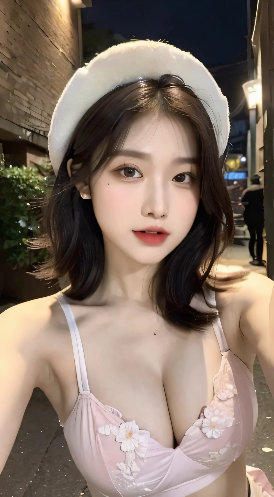 ((Best Quality, 8K, Masterpiece: 1.3)), (Flower Cap: 1.3), Focus: 1.2, Perfect Body Beauty: 1.4, Buttocks: 1.2, (Layered Haircut: 1.2)), (Dark Street: 1.3), Highly Detailed Face and Skin Texture, Full Body, Delicate Eyes, Double Eyelids, Whitened Skin, Long Hair, (Round Face: 1.5), pink underwear, big booty, big bust, shoulders out, cleavage, view from bottom, "Reezal♡" is written on her boop as tatoo. Love decoration, delicate armpit, dick between her chest