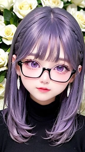 幼いgirl、small face、 (alone:1.5,)Super detailed,明るいcolor, very beautiful detailed anime face and eyes, look straight, shiny_skin,girl, (((虹colorの髪,, 半分は青colorの髪、Half purple hair: 1.5))), 、shiny hair, delicate beautiful face, blush、Glasses、(turquoise eyes), , Valletta, earrings,、black turtleneck、flower garden、Sitting among flowers、smile、happy face、face dyed red、color々pose、Head to toe full body portrait、(I can see the whole body)