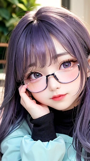 幼いgirl、small face、 (alone:1.5,)Super detailed,明るいcolor, very beautiful detailed anime face and eyes, look straight, shiny_skin,girl, (((虹colorの髪,, 半分は青colorの髪、Half purple hair: 1.5))), 、shiny hair, delicate beautiful face, blush、Glasses、(turquoise eyes), , Valletta, earrings,、black turtleneck、flower garden、Sitting among flowers、smile、happy face、face dyed red、color々pose、Head to toe full body portrait、(I can see the whole body)