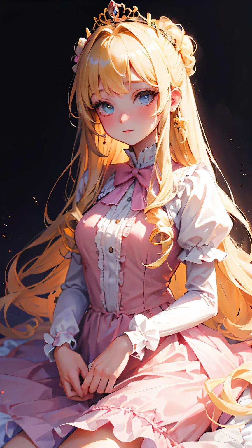 best quality, super fine, 16k, incredibly absurdres, extremely detailed, beautiful cute woman, shy, big shining eyes, blonde two-sided princess hairstyle, and a princess-like pink frilly long flared skirt dress, simple color background