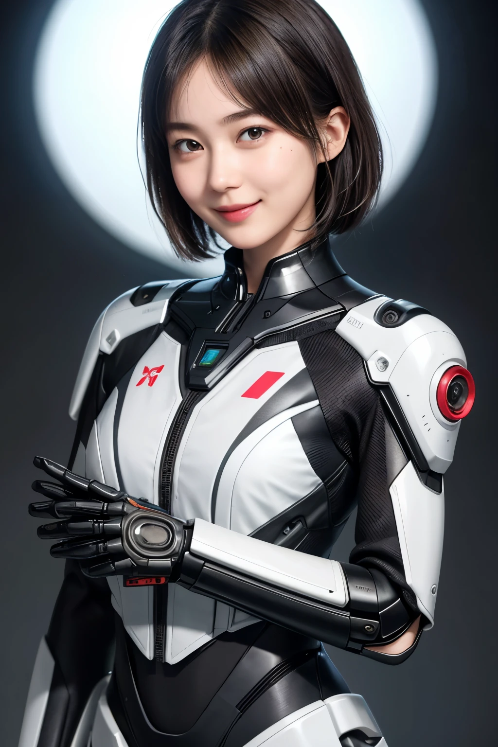 207 Short Hair, 20 year old female, Floral, gentle smile, futuristic clothes, mechanical suit