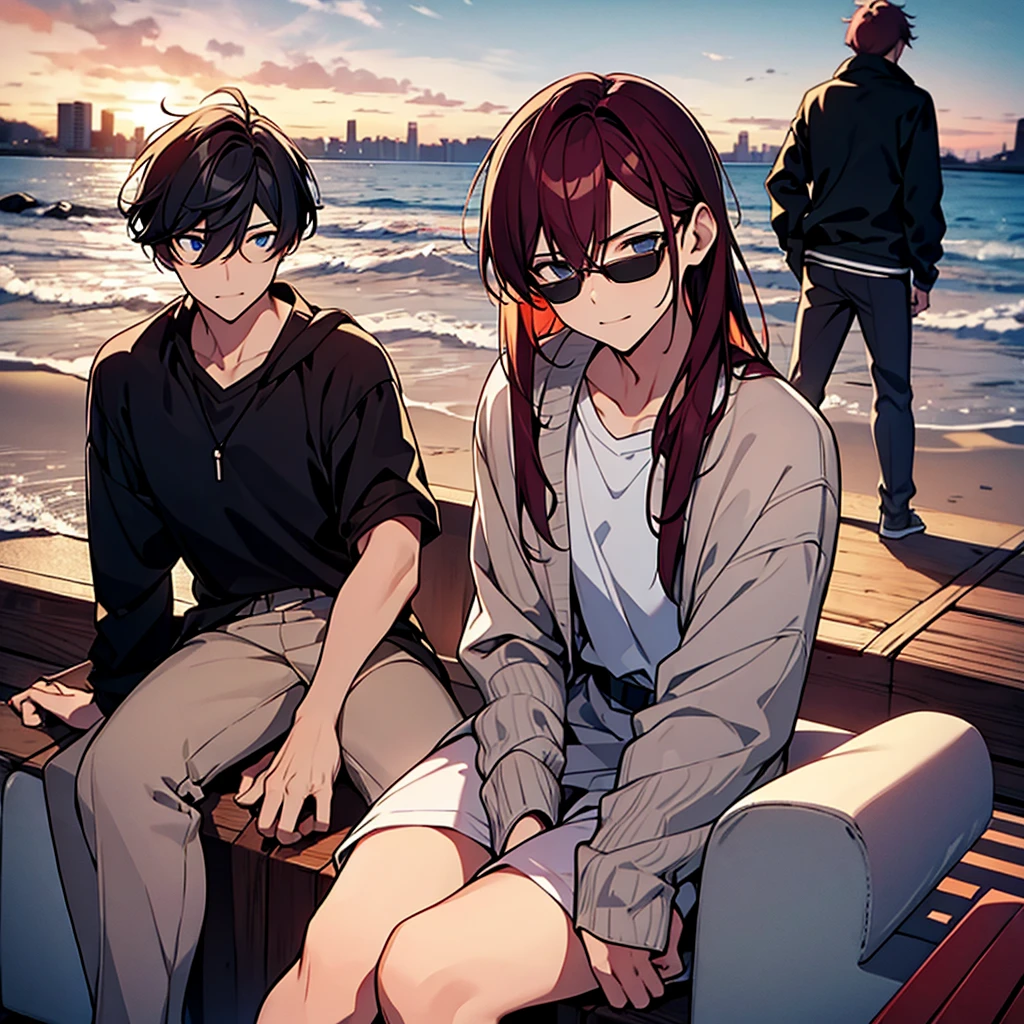 (masterpiece:1.3), (High resolution), (8K), (very detailed), 2boy, ２young people, backwards, The background is the beach at sunset, backwards, The background is the city at sunset, ベンチでsit, Bad friend and a young man with asymmetrical wine-red hair wearing sunglasses, sit　and Black-haired young man,sit