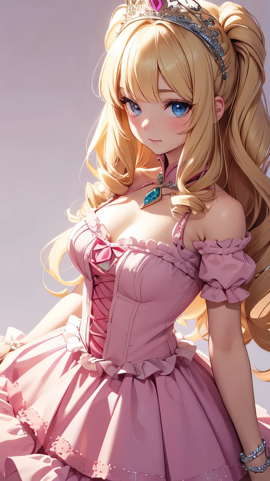 best quality, super fine, 16k, incredibly absurdres, extremely detailed, beautiful cute woman, shy, big shining eyes, blonde two-sided princess hairstyle, and a princess-like pink frilly long flared skirt dress, simple color background