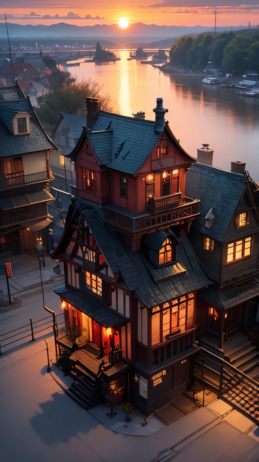 steampunkai。highest quality。masterpiece。detailed details。Victorian style streetscape。(canal)。(canalに架かる橋)。(House on the Bridge)。Thin smoke rising from the chimney。(canalの船から町を見上げる)。(((The background is red and black poison々Beautiful sunset sky)))。