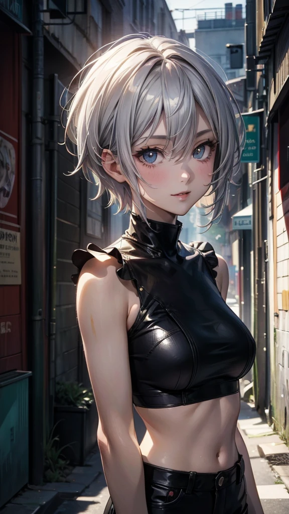 (Highly detailed CG unit 8k wallpaper, masterpiece, High resolution, highest quality, natural skin texture), ((20 year old woman, Composition from head to stomach, upper body focus)), smile, detailed eyes, gradient eyes, grunge fashion, Asymmetrical punk short hair:1.2, ash gray hair, A deserted back alley in Paris:1.3, cinematic lighting, anime style, digital painting, concept art,