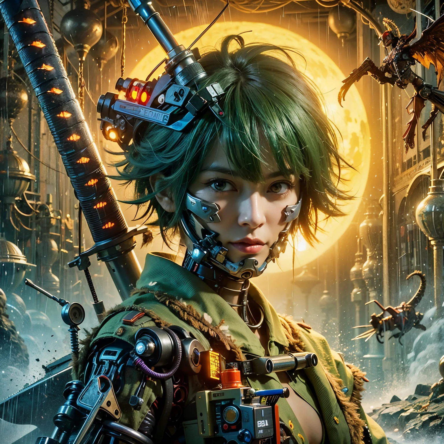 (top-quality:1.2, masterpiece)、ultra high resolution、extremely ultra surrealism, (Photorealsitic:1.4)、Raw photo、(Steampunk Battle Cyborg fallen angel)、large wings made of metal、black porcelain body、red hair、glowy skin、1 Cyborg girl、(mechanical frame:1.3)japanese, extremely cute face, ((super realistic details))、portrait、globalillumination、Shadow、octan render、8K、ultrasharp、character edge light、Details of complex ornaments、Acrylic Clear Cover、Sumerian details、Hydraulic cylinder、Small LED lamp、highly intricate detail、Realistic light、a purple eye、radiant eyes、Facing the camera、neon details、cowboy shot、Futuristic headgear、About Cyberpunk