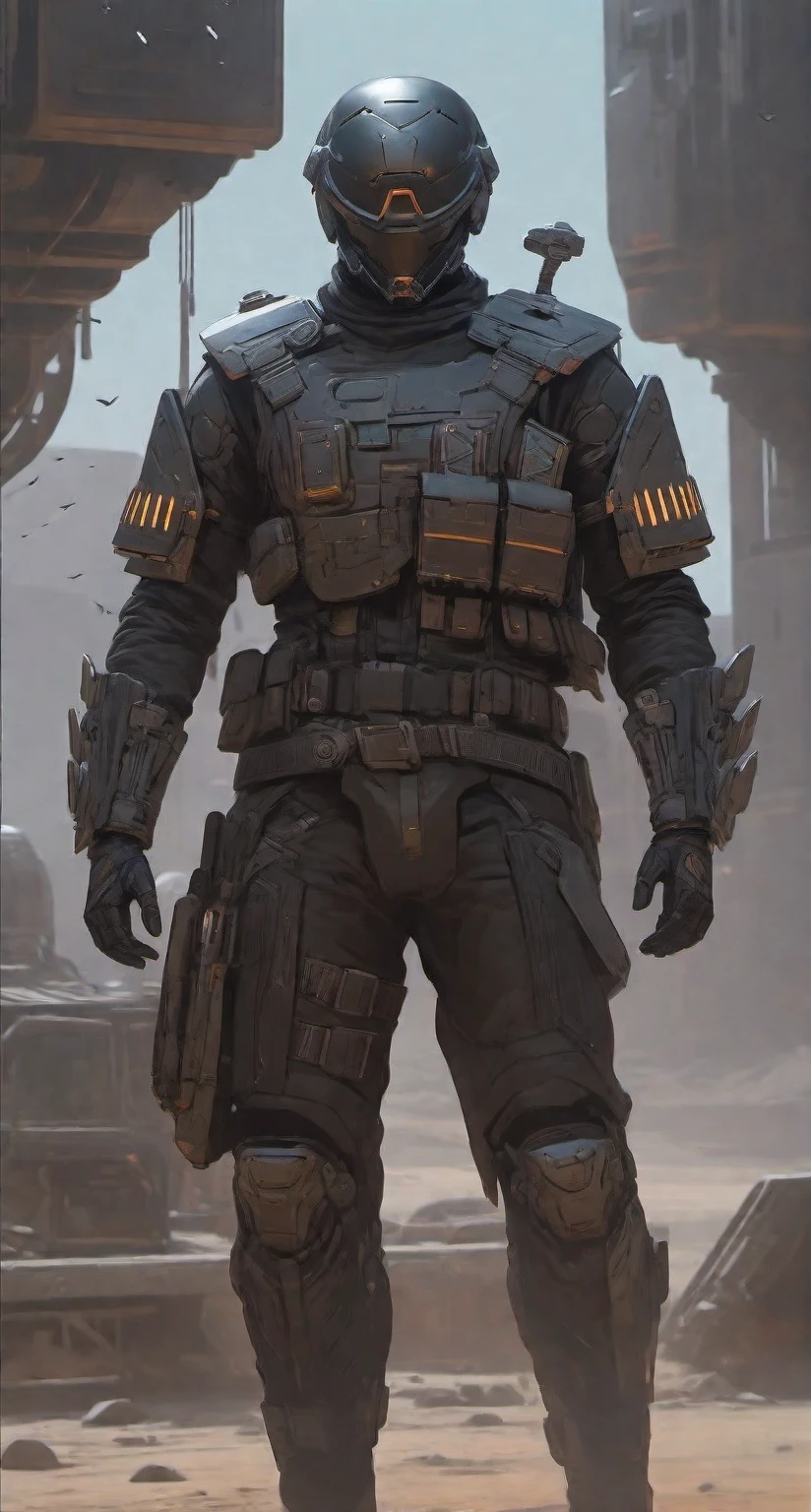 a man in a helmet dressed in tactical armor, With a black cape,Shoulder pads, Knee pads, three throwing knives holstered on his arm, Pistol holstered on his leg(Best quality, 4k, Masterpiece :1.3), Cyberpunk, Background, Sci-fi landscape, (Black cape)