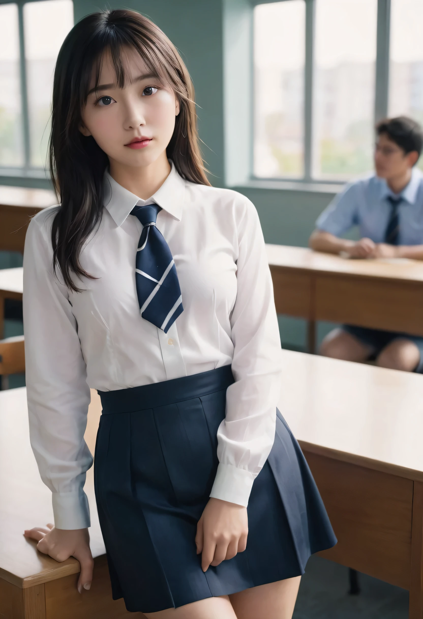 25 year old female, mature woman, ((In the classroom)), ((school uniform)), Raw photo, (photorealistic: 1.37, realistic), Highly detailed unified CG 8K wallpaper, 1 girl, (((perfect body: 1.1)), (medium breasts: 1.2), looking at the viewer, (((straight from the front)))), (headquarters skin:1.2, shiny skin), 8k uh, Digital single-lens reflex camera, soft lighting, high quality, film grain, Fujifilm XT3, ((full body: 0.8)), (professional lighting:1.4) ,