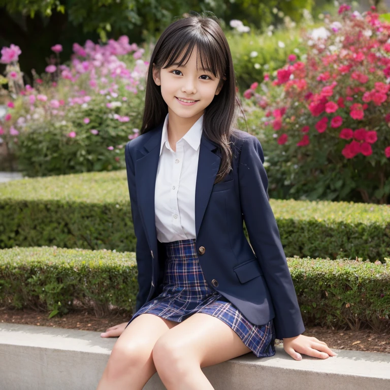 ((8K)),((Japanese)),(:1.6),(innocent face:1.5),(highly detailed face),girl,very cute,idol face、blazer,Navy blue striped bowtie、navy blue plaid skirt,black hair,baby face、smn、sitting、spread your legs