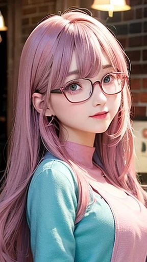 The arrival of autumn、Big chest、small face、 (alone:1.5,)Super detailed,明るいcolor, very beautiful detailed anime face and eyes, look straight, shiny_skin,girl, (((虹colorの髪, colorful hair, Half blue、half pink hair: 1.2))), 、shiny hair, delicate beautiful face, blush、Glasses、(turquoise eyes), , Valletta, earrings,、Coffee shop smile、happy face、face dyed red、color々pose、Head to toe full body portrait、(I can see the whole body)