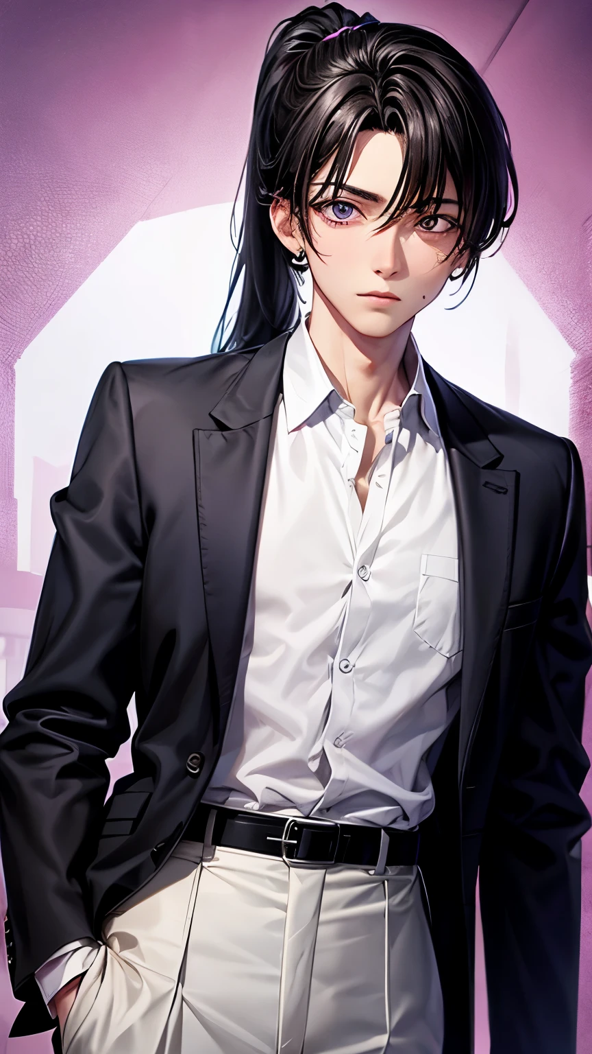  black haired boy,ponytail,purple eyes,White shirt and black slacks,Teardrop mole