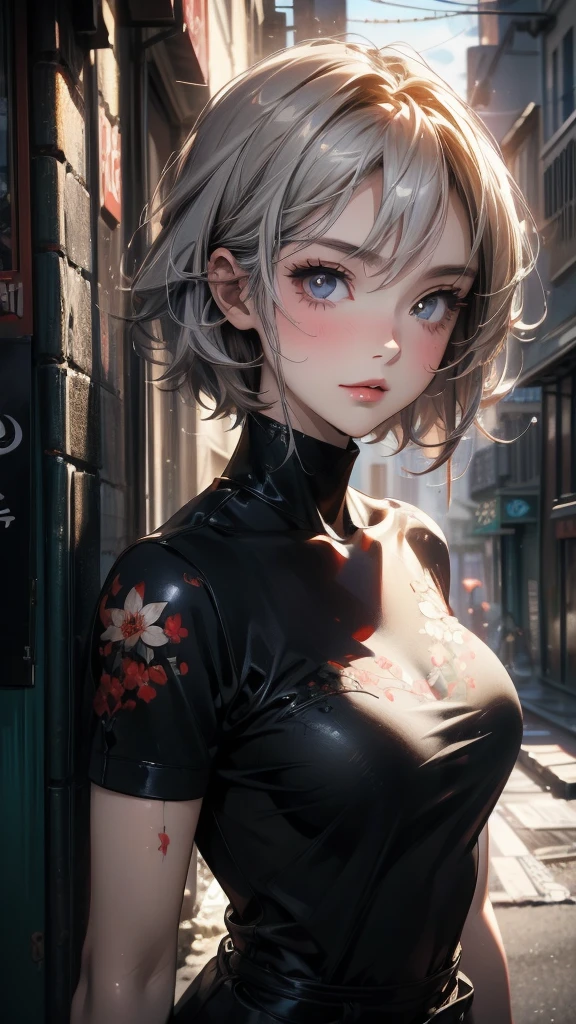 (Highly detailed CG unit 8k wallpaper, masterpiece, High resolution, highest quality, natural skin texture), ((20 year old woman, Composition from head to stomach, upper body focus)), smile, detailed eyes, gradient eyes, grunge fashion, Asymmetrical punk short hair:1.2, ash gray hair, A deserted back alley in Paris:1.3, cinematic lighting, anime style, digital painting, concept art,