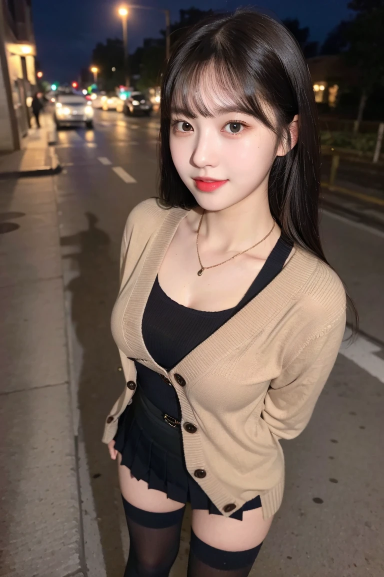 (8K), (highest quality: 1.2), (realistic), (realistic: 1.37), ultra high resolution, (1 girl, cute, smile, closed mouth, thick lips,red lip,beautiful details, beautiful nose, (straight black hair), giant dulcefo, self snap,(school uniform),(Dark beige large cardigan),white shirt,tie,pleated skirt,(black knee high socks),Standing in the city at night, From above,close up of face,Unbutton two of your shirts,slightly bigger breasts,thin necklace,(Medium Shot:1.2),