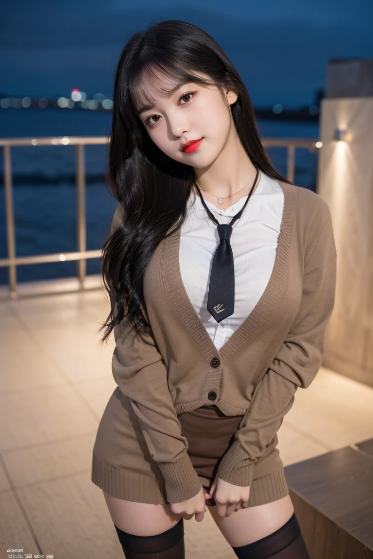 (8K), (highest quality: 1.2), (realistic), (realistic: 1.37), ultra high resolution, (1 girl, cute, smile, closed mouth, thick lips,red lip,beautiful details, beautiful nose, (straight black hair), giant dulcefo, self snap,(school uniform),(Dark beige large cardigan),white shirt,tie,pleated skirt,(black knee high socks),Standing in the city at night, From above,close up of face,Unbutton two of your shirts,slightly bigger breasts,thin necklace,(Medium Shot:1.2),