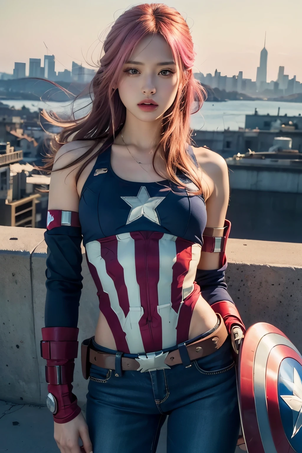 (8K, top-quality, masterpiece:1.2), (realistic, Photorealistic:1.37), Super Detail, One girl, (Highly detailed), (beautifully detailed eyes), (of the highest quality), (super detailed), (masterpiece), (Detailed face), 20yr old, 1 girl, (pink hair, long hair), medium breasts, clothed, Perfect Lighting, BREAK, (Captain America inspired:1.5), (red, white, blue color palette:1.2), (star emblem:1.3), (navy blue bomber jacket:1.4), (white tank top with red stripes:1.3), (high-waisted skinny pants:1.4), (slim fit silhouette:1.2), (epaulettes on shoulders:1.2), (red and white accents on sleeves:1.2), (red and white high heel boots:1.4), (shield-shaped clutch bag:1.3), (silver cuff bracelet:1.3), BRAKE, (upper body to knees:1.2), (flowing pink long hair:1.3), (confident expression:1.2), (heroic pose:1.4), (Avengers skyline background:1.3), (dramatic side lighting:1.2), BRAKE