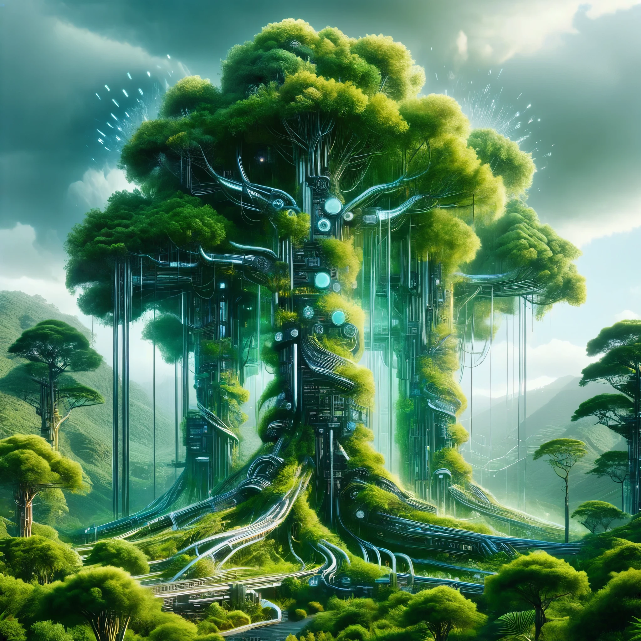 Craft a dramatic landscape where storm clouds of data gather over a fusion of colossal silicon trees and organic valleys, portraying a powerful synergy between nature and technology.