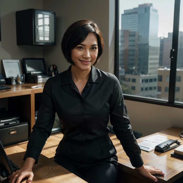 (best quality), (high definition), (8k image), (highly detailed picture), (epicrealism), (realism:1.6), 1male ((45 years old), (filipino)), medium build, dark hair, short hair (military haorcut), in business suit, sitting behind the CEO desk, looking sharp, staring at the viewer, happy expression (smile:1.2), indoor scene (at the cahirman's office), midmorning, realistic background, dynamic lighting, natural light. photrealistic light, photorealistic shadows