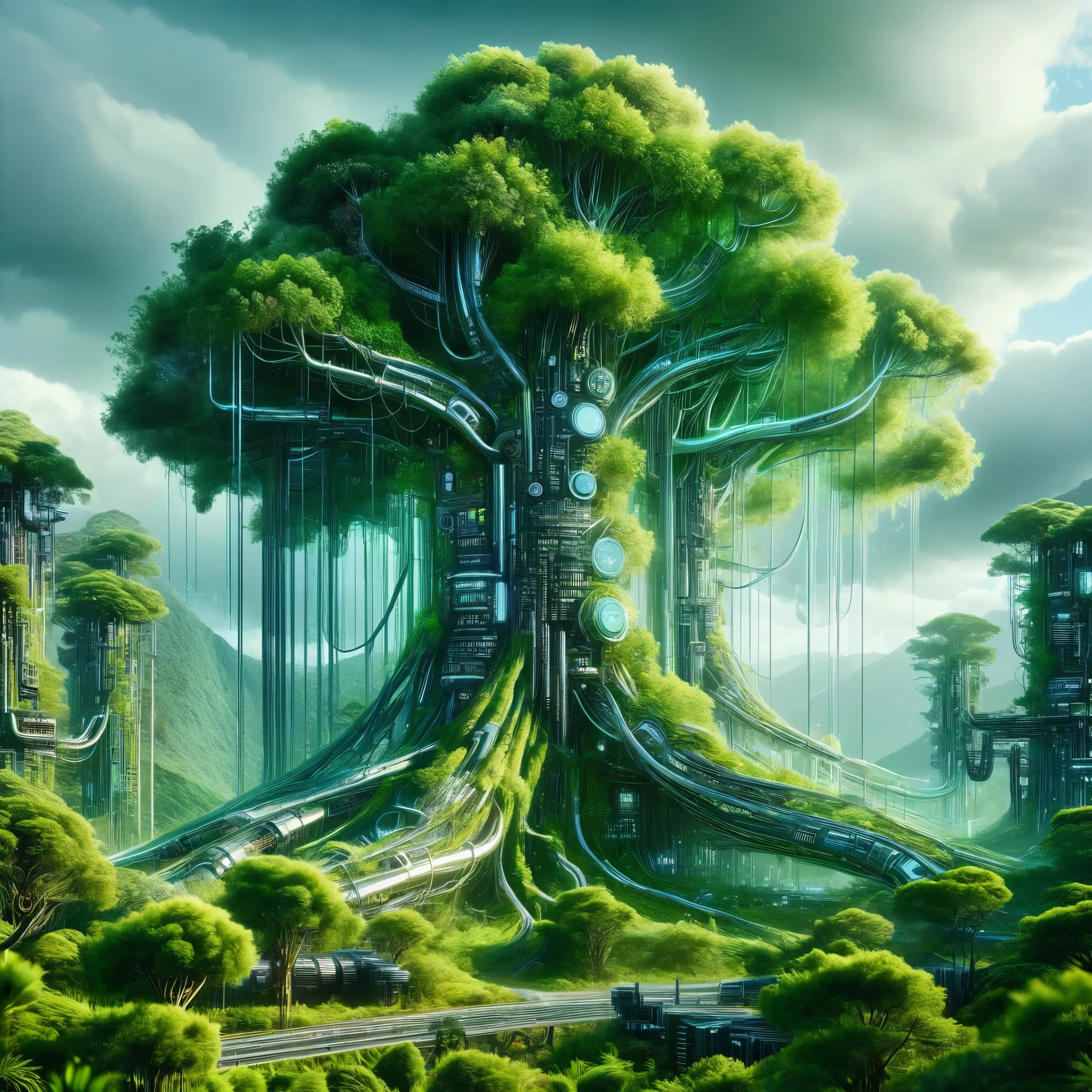 Craft a dramatic landscape where storm clouds of data gather over a fusion of colossal silicon trees and organic valleys, portraying a powerful synergy between nature and technology.