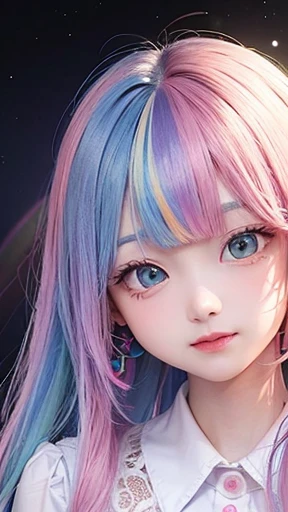 small face、 (alone:1.5,)Super detailed,bright colors, very beautiful detailed anime face and eyes, look straight,  shiny_skin,girl, (((rainbow colored hair, colorful hair, Half blue、half pink hair: 1.2))), 、shiny hair, delicate beautiful face, blush、Glasses、(turquoise eyes), , Valletta, earrings,、flower garden、sunset、(（(Stylish lace mini skirt,Translucent shirt)))、（twin tails）、smile、happy face、face dyed red、cheerful pose、dynamic、Head to toe full body portrait、（I can see the whole body）