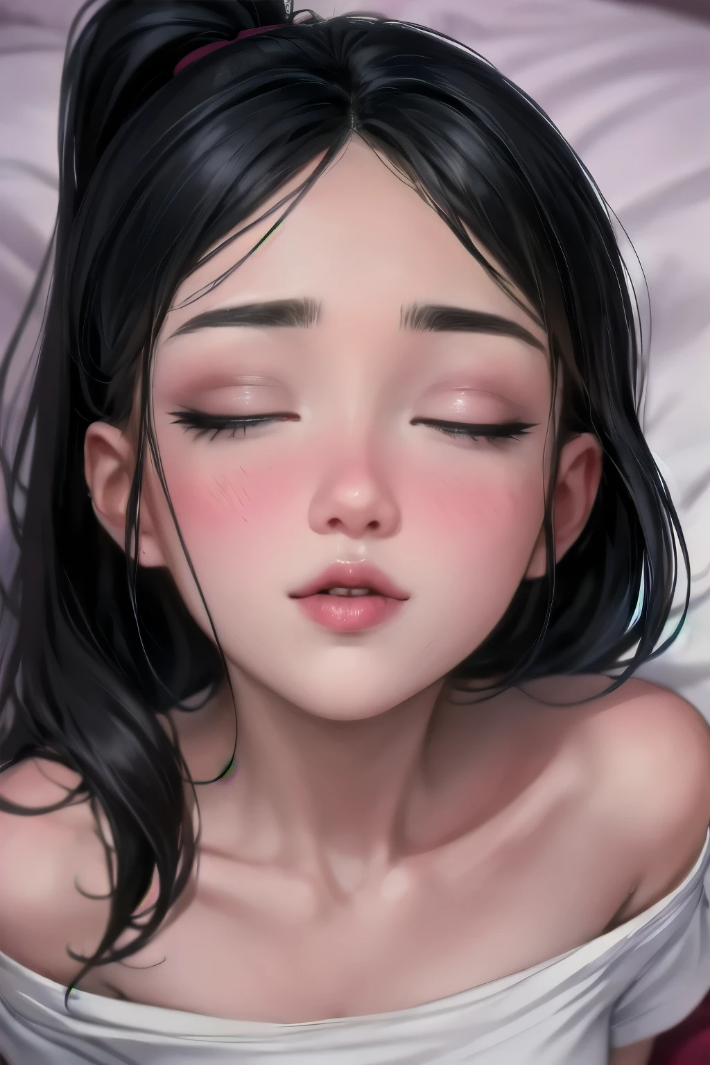 Close up shot, cute , black hair in two medium ponytails, sexy eyes, intense eye contact, small nose, red lips, orgasmic face, neck, collarbone, loose dark pink t shirt, bare shoulder, lying in bed, bed, bedroom, dark room, one lamp,, in bed