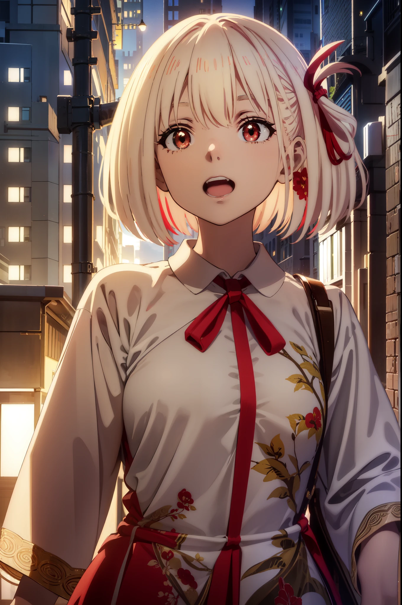 ((chisatonishikigi, short hair, bangs, blonde hair, (red eyes:1.5), hair ribbon, one side up, bob cut, closer look, poitrait)),((big breasts, yellow shirt, black dress)),((smilling face, open mouth, teeth, small eyes)),(((masterpiece:1.2), best quality, high resolution, unity 8k wallpaper, (illustration:0.8), (beautiful detailed eyes:1.6), extremely detailed face, perfect lighting, extremely detailed CG, (perfect hands, perfect anatomy))),((outdoors, city, buildings, trees)),((dynamic pose, standing))