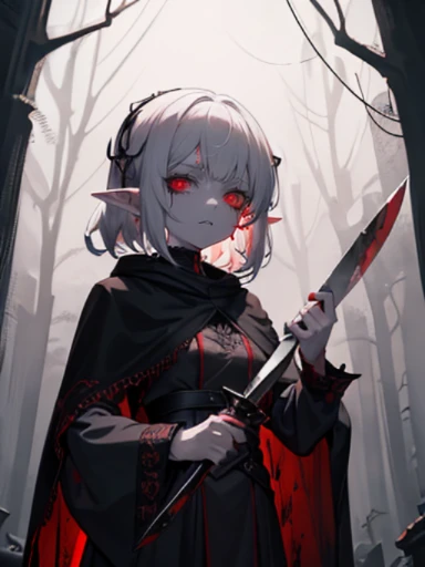 A Elf girl wmorbid pale skin, Dark-elf, Eerily glowing red eyes, Scared wrists, Bloody face, Bloody hands, Bloody black robe, Insanity smile, She is holding a blood-dripping knife, Dark atmosphere, Insanity atmosphere, Bleed, Cruel vengeance, She is taking pleasure to kill human, She uses the knife to her hunt