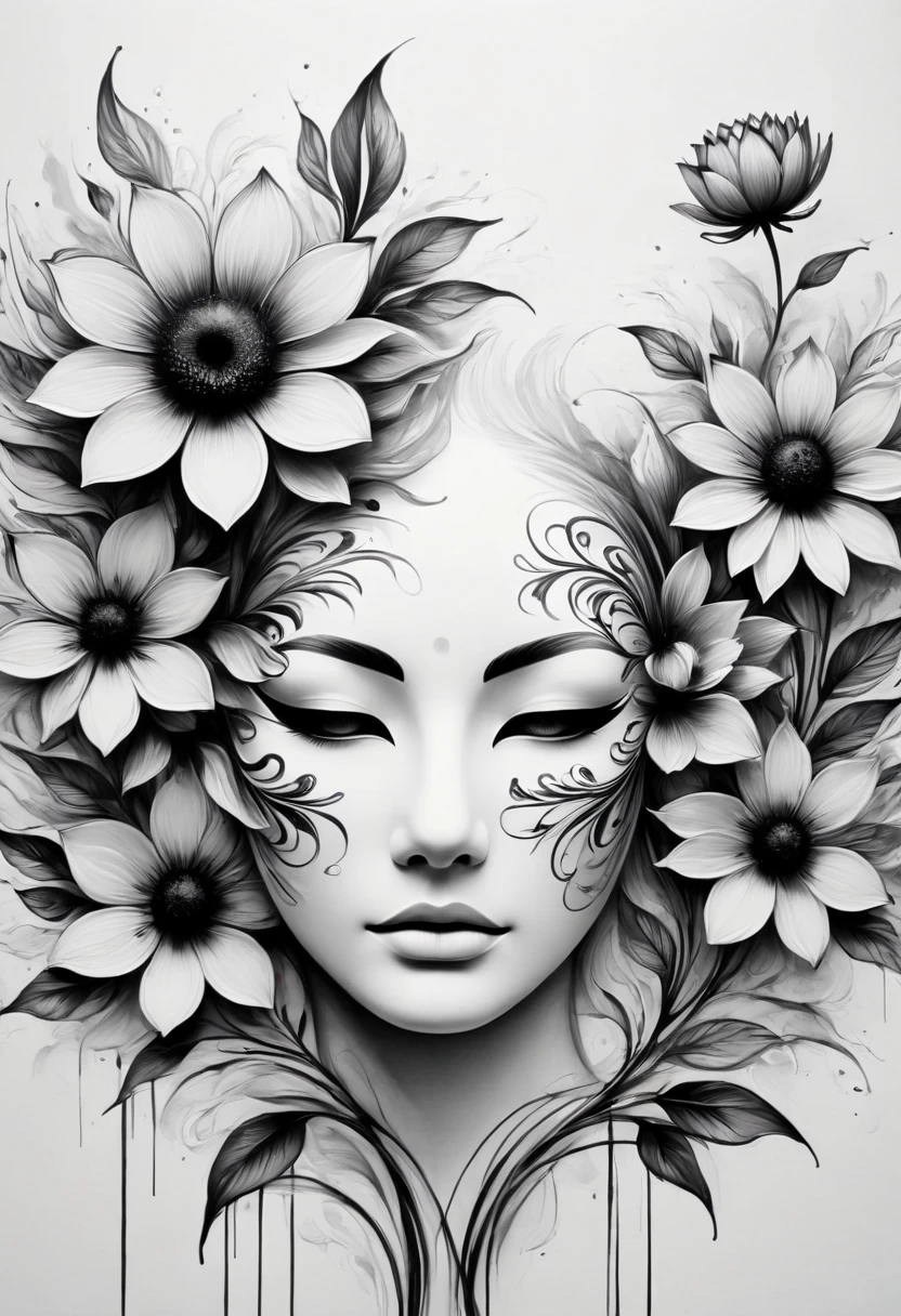 (Anime line drawing:1.5)，(black and white painting:1.45)，Minimalism，(line art:1.6)，sketch，Charcoal drawing，mask，flower,Illustration in surreal art style，surreal dream，Dubrec style,(multiple exposure：1.8),