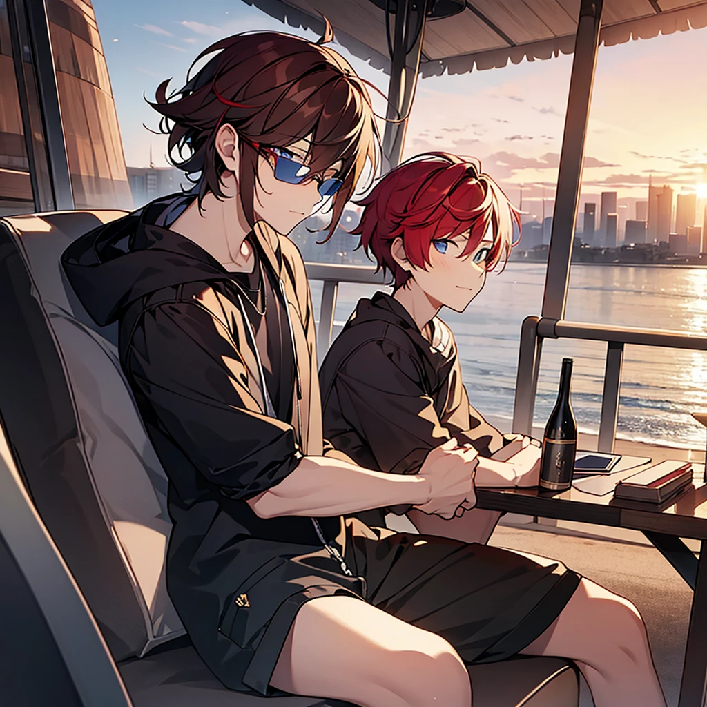 (masterpiece:1.3), (High resolution), (8K), (very detailed), 2boy, ２young people, backwards, The background is the beach at sunset, I can see the city, backwards, ベンチでsit, Bad friend and a young man with asymmetrical wine-red hair wearing sunglasses, sit　and Black-haired young man,sit