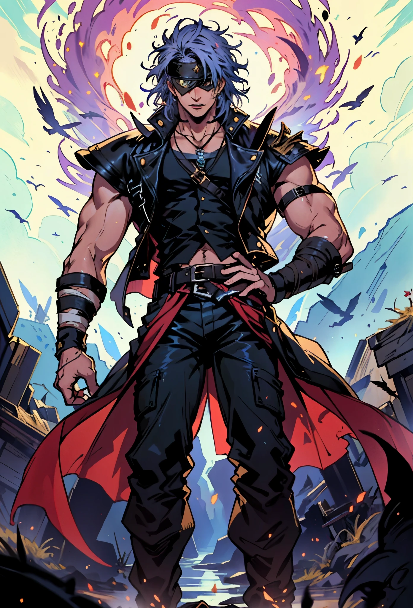 A man with medium-length fluffy lavender-blue hair parted in the middle, his upper face obscured by bandage eye patch, a square face, a wild expression, a sturdy physique, clad in a fantasy-style wild sleeveless coat with leather light armor, a gemstone belt cinches his waist, he wears wrist guards, cargo pants, one hand on his hip gripping the belt, the backdrop of a desolate island where countless black birds soar, this character embodies a finely crafted fantasy pirate-style overlord in anime style, exquisite and mature manga art style, high definition, best quality, highres, ultra-detailed, ultra-fine painting, extremely delicate, professional, perfect body proportions, golden ratio, anatomically correct, symmetrical face, extremely detailed eyes and face, high quality eyes, creativity, RAW photo, UHD, 32k, Natural light, cinematic lighting, masterpiece-anatomy-perfect, masterpiece:1.5