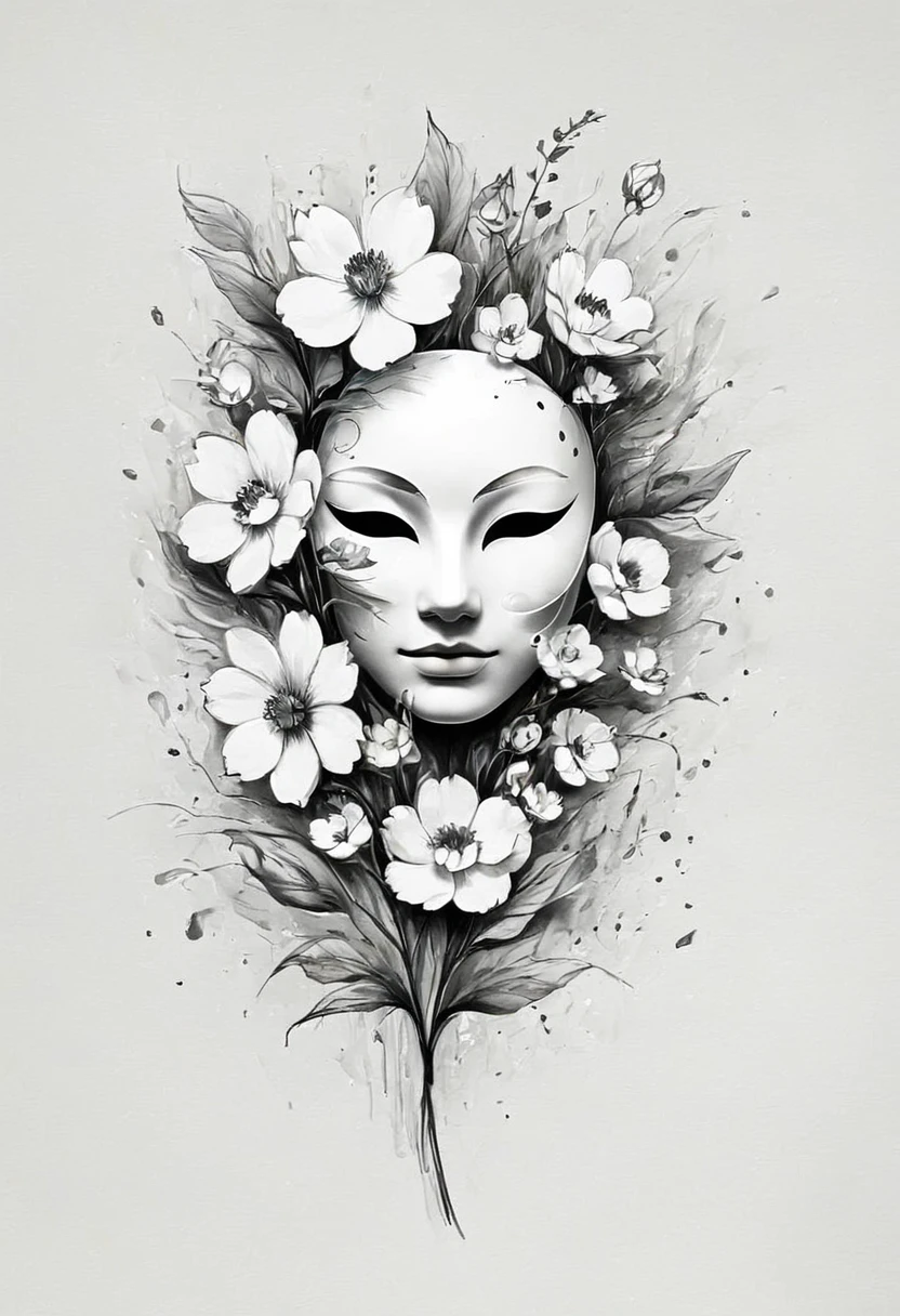 (Anime line drawing:1.5),(black and white painting:1.45),Minimalism,(line art:1.6),sketch,Charcoal drawing,mask,flower,Illustration in surreal art style,surreal dream,Dubrec style,(multiple exposure:1.8),