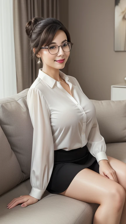 ((photograph))、((real photo))、mature adult woman、High resolution、((highest quality,8k,masterpiece))、((Full body shot 0.85)) facial portrait, gentle smile、 ((pale lipstick)), sensual, ((Breasts big enough to sag 2.8))Medium Hair, black hair, tied her hair in a bun, formal wear, ((white blouse)), gray tight skirt, Glasses, chubby woman,living room at home、