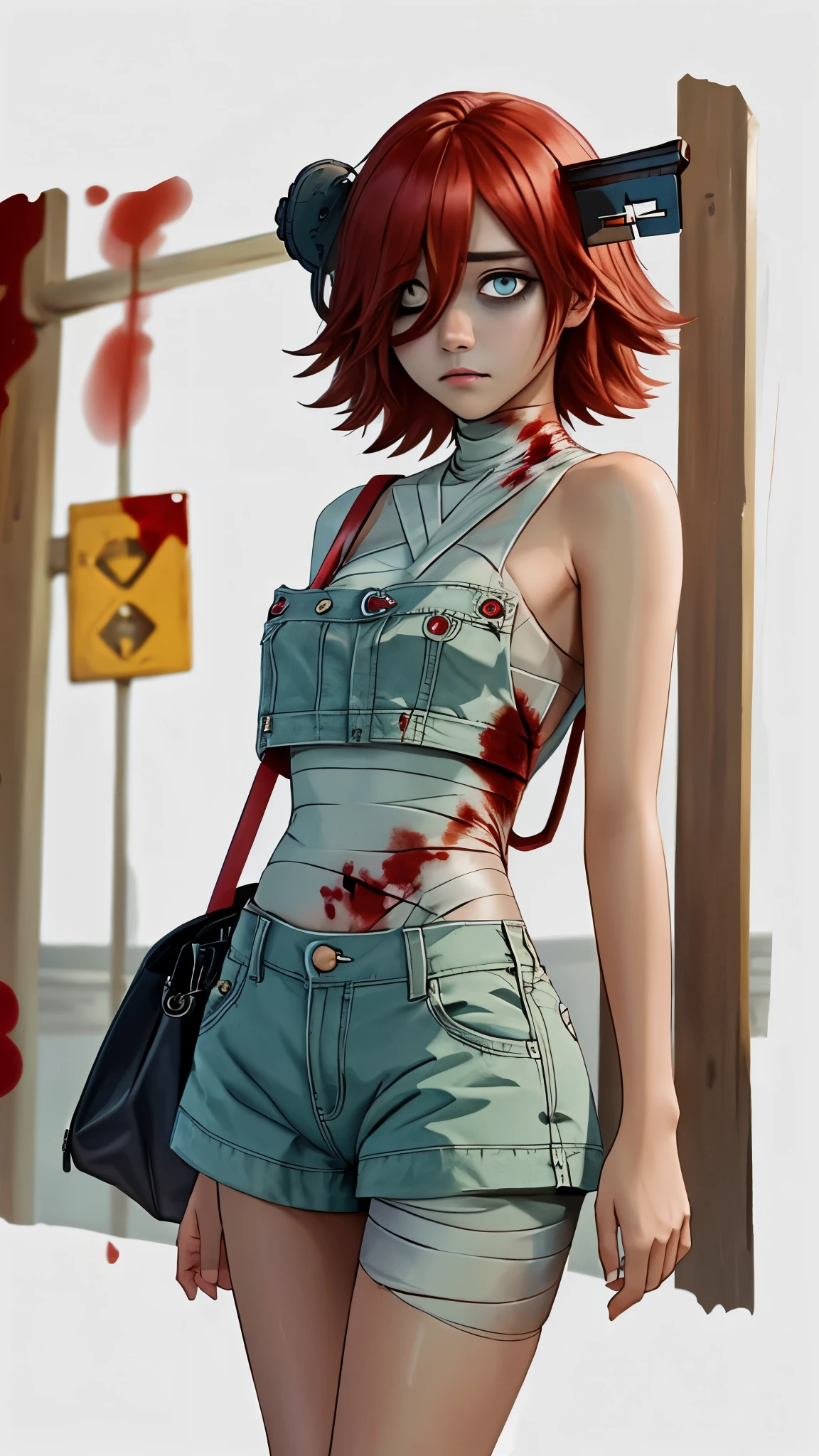 (masterpiece, best quality:1.2), cowboy shot, solo, 1girl, a.b.a, expressionless, looking at viewer, hair over one eye, object through head, key, bags under eyes, blood on clothes, shorts, bandages