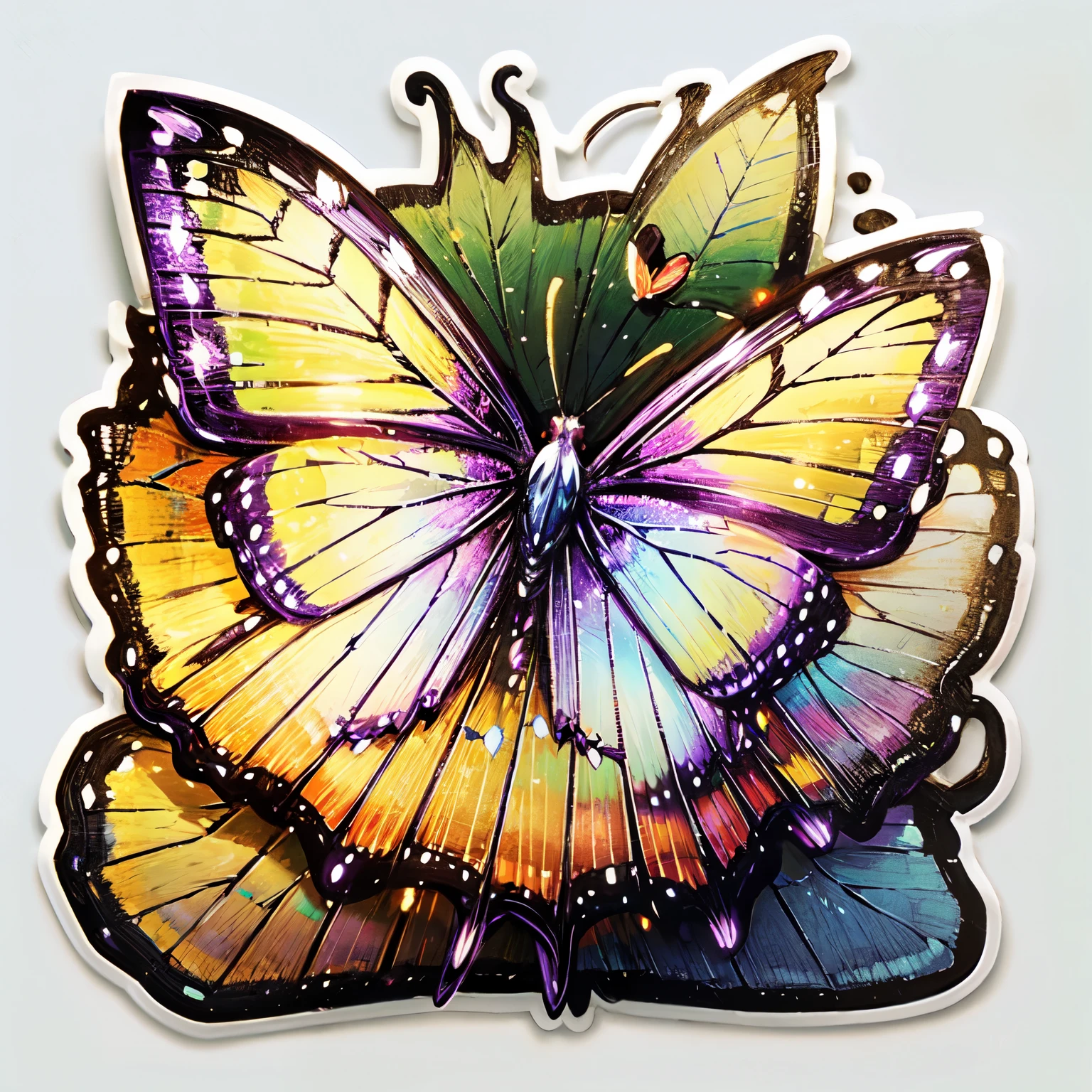 Butterfly, white background, neon butterfly, sticker, purple butterfly, graceful butterfly, glass butterfly, exquisite butterfly, brush object, art supplies. The background is a brush, a butterfly sits on a paintbrush.