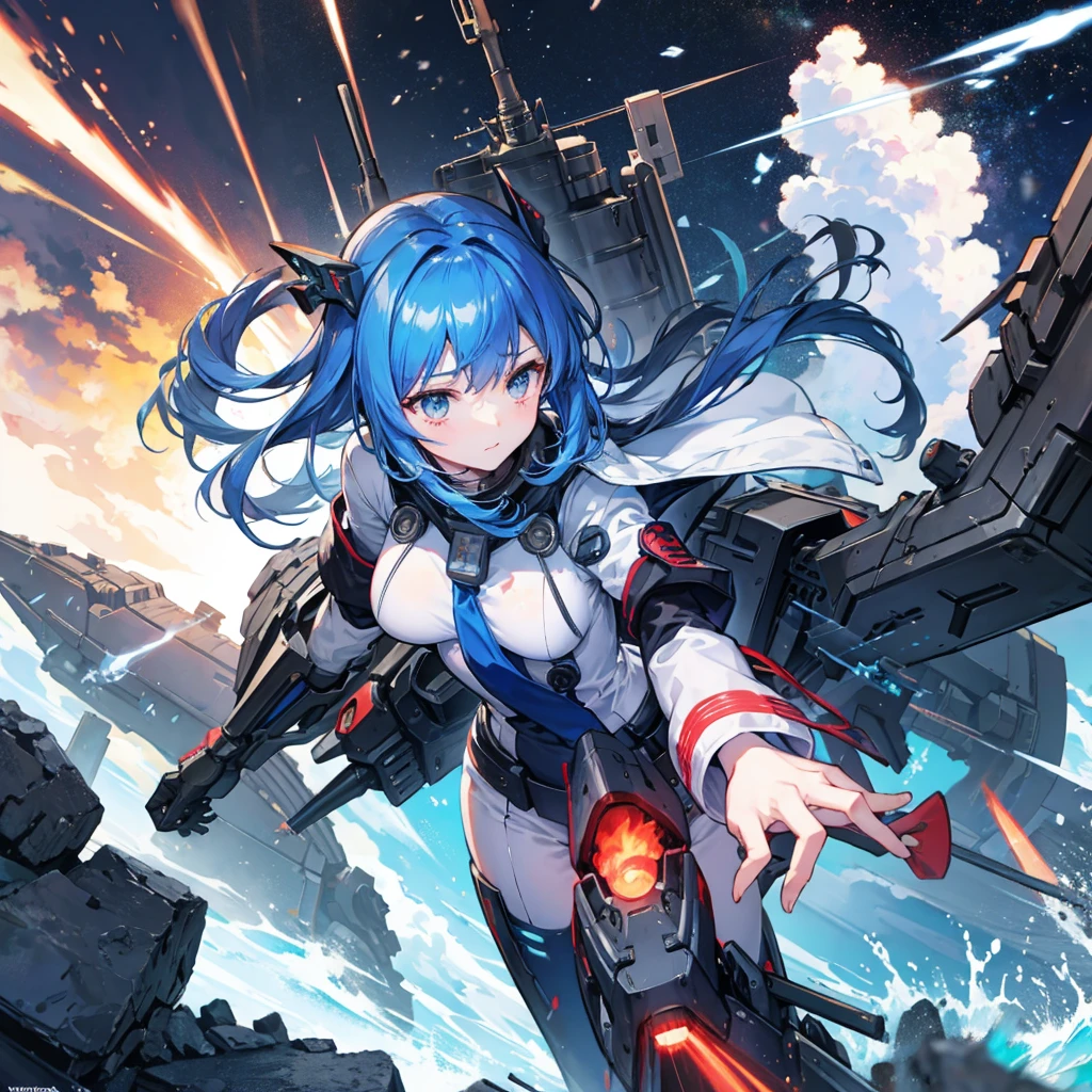 battleship Armored Core Machine Girl Main gun firing battle anime style Deep-sea perching ships Macross Quarter missile Mechanical Wings Two honjiao ghost 吸血ghost tail knife uniform battle機 explosion KanColle swordsman Artery Gear Charge Jet engine Be smart blue hair gun