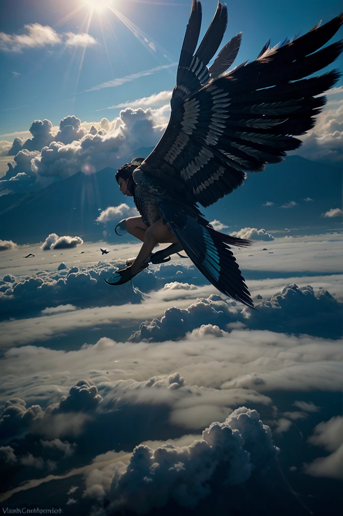 Dark luminous translucent Wings, Above the Clouds Loosing feathers, floating feathers, subsurface scatt